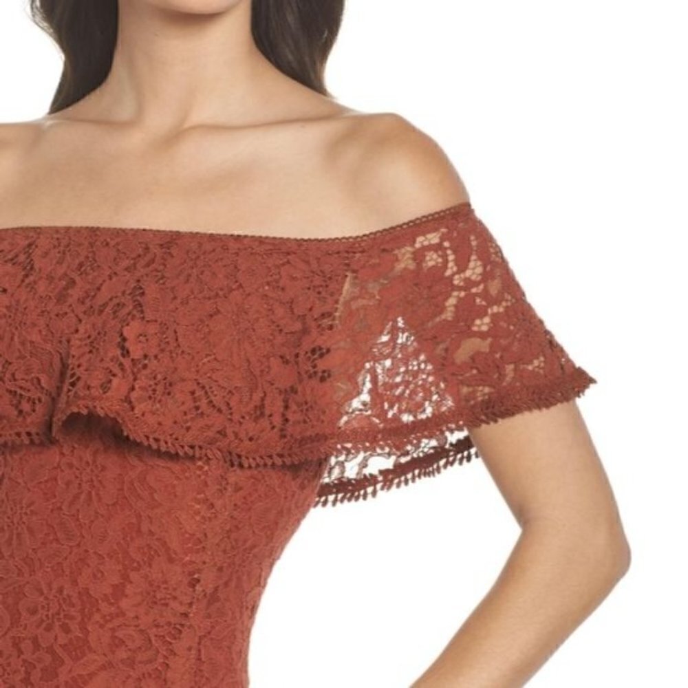 NSR Lace off shoulder midi dress cinnabar med - Picture 4 of 13